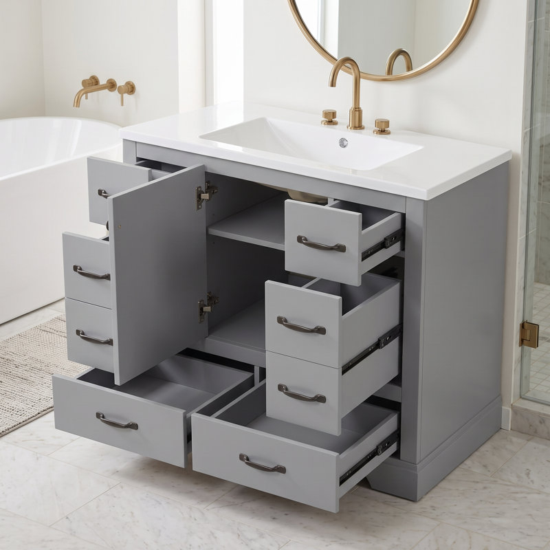 Meuble-lavabo autoportant en MDF de 91 cm (36 po) en bois massif, lavabo simple, étagère réglable, séparateur de tiroir multifonctionnel et accessoires de quincaillerie complets