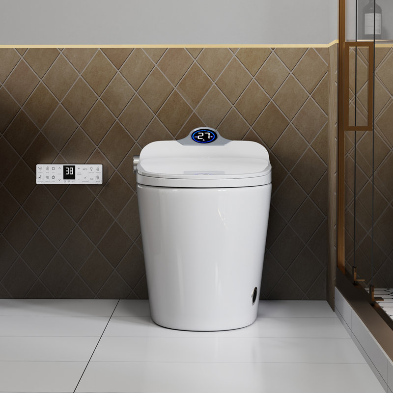 Combinaison de bidet de toilette intelligente avec couvercle / siège ouvert avec capteur de pied, buse autonettoyante, affichage à DEL, siège / flux d'air chauffant à trois niveaux, veilleuse, commande à bouton, fermeture en douceur, chasse automatiq