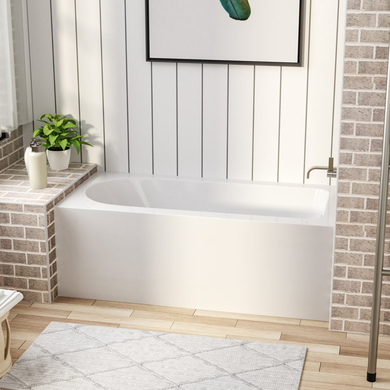 59" White Alcove Drop-In Bathtub 15.3" Deep Soaking Acrylic Tub with Double-Wall Heat Retention and Hand-Twist Drain
