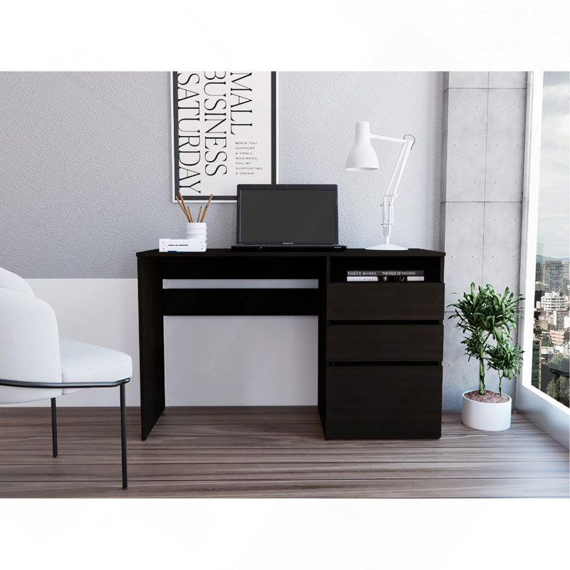 Bureau d'ordinateur à 3 tiroirs Kenai, une tablette, noir