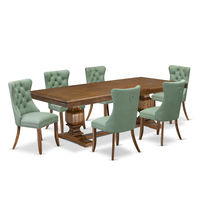7-piece Kitchen Table Set includes a Dining Table and 6 Willow Green PU Leather Dinner Chairs with Button tufted Back - Antique Walnut Finish