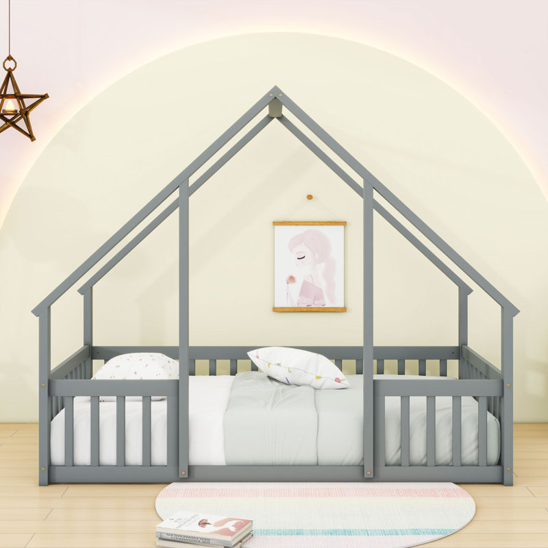 Lit en bois en forme de maison en bois avec clôture, Simple, Gris