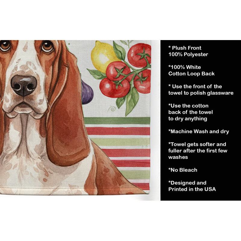 Red and White Basset Hound Vegetables Kitchen Towel, Red/White Basset Hound