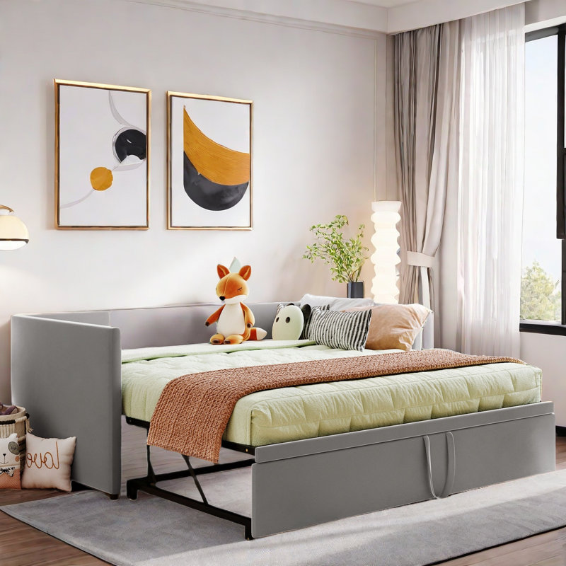 Upholstered Daybed With Pop Up Trundle, Gray