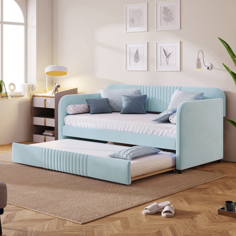 Lit de jour rembourré avec lit gigogne et lattes de bois, bleu clair, Bleu clair
