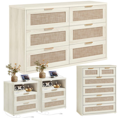 Rattan Dresser and Nightstand Set of 4, Two 6-Drawer Dresser, Nightstand with Charging Station