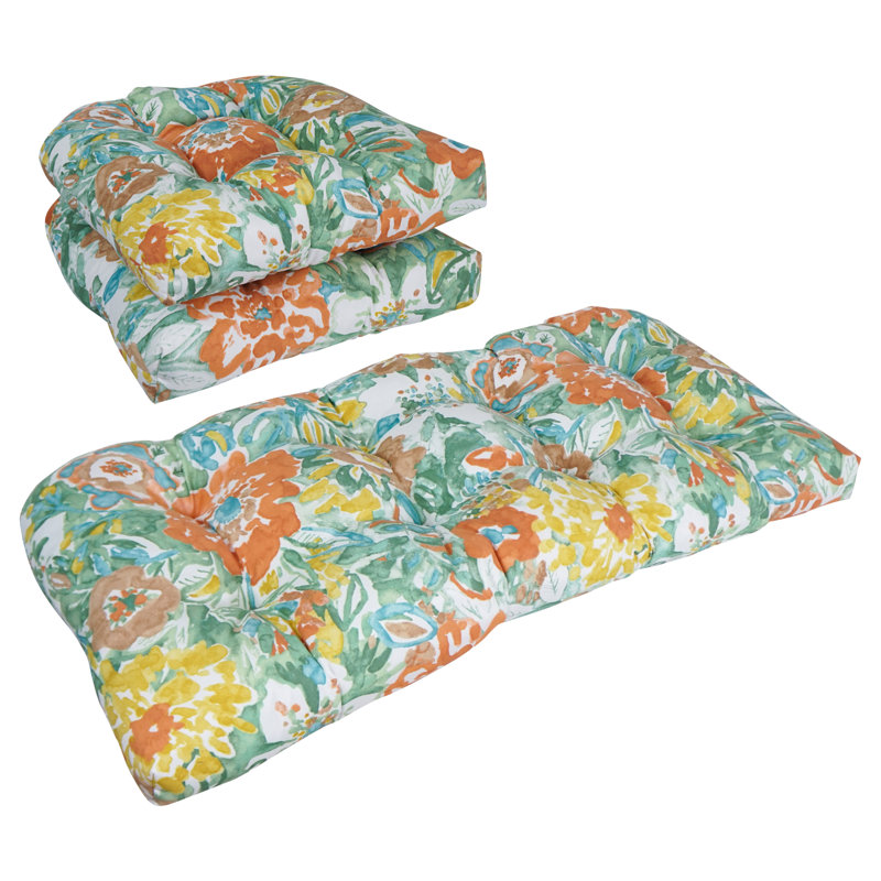 Rounded Back Outdoor Settee Cushion Set (Set Of 3), White/Sun River Mist Floral