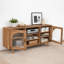Console de meuble télé 64 pouces, 2 armoires et tablettes en verre arqué, bois de manguier brun noyer