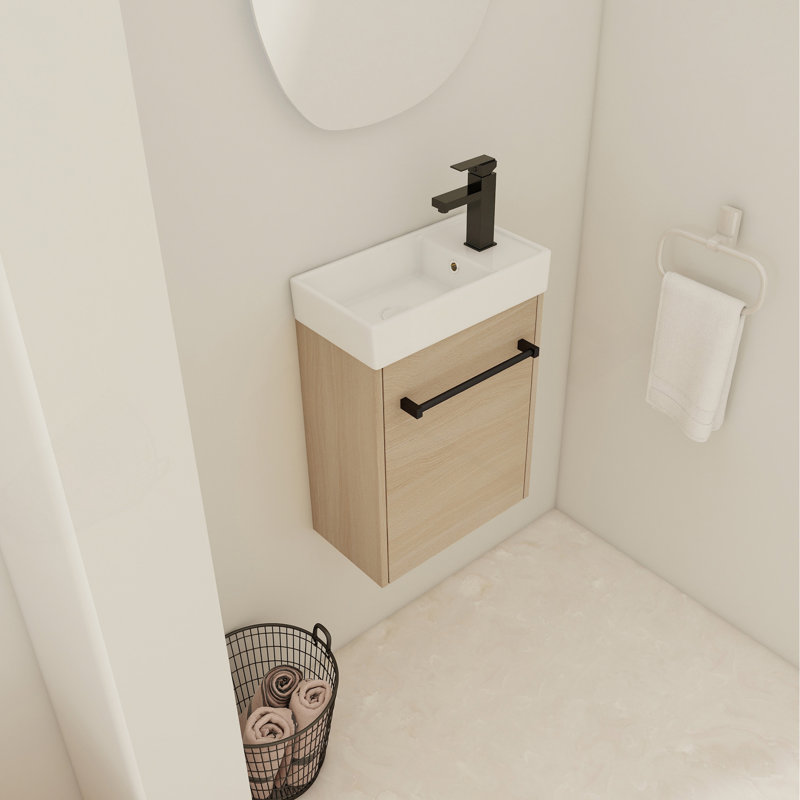 Meuble-lavabo mural 16 po avec lavabo en céramique et porte d'armoire à fermeture en douceur, pour petite salle de bain