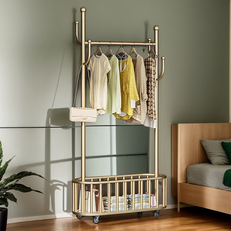 Modern Golden Metal Bracket - Elegant Storage Hanger with Rollers and Storage Baskets