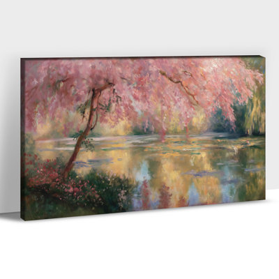 Canvas Wall Art Spring Landscape Painting Cherry Blossom and Lake Scenery Canvas Prints Countryside Spring Wildflowers Poster Farmhouse Cottage Decorative Wall Artwork Ready To Hang, 20×30 Inches