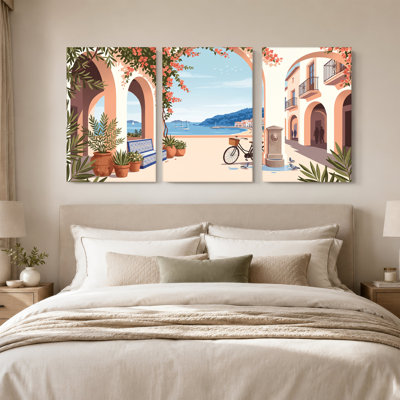 «Coastal Courtyard» avec ensemble de 3 toiles de bougainvilliers et voiliers