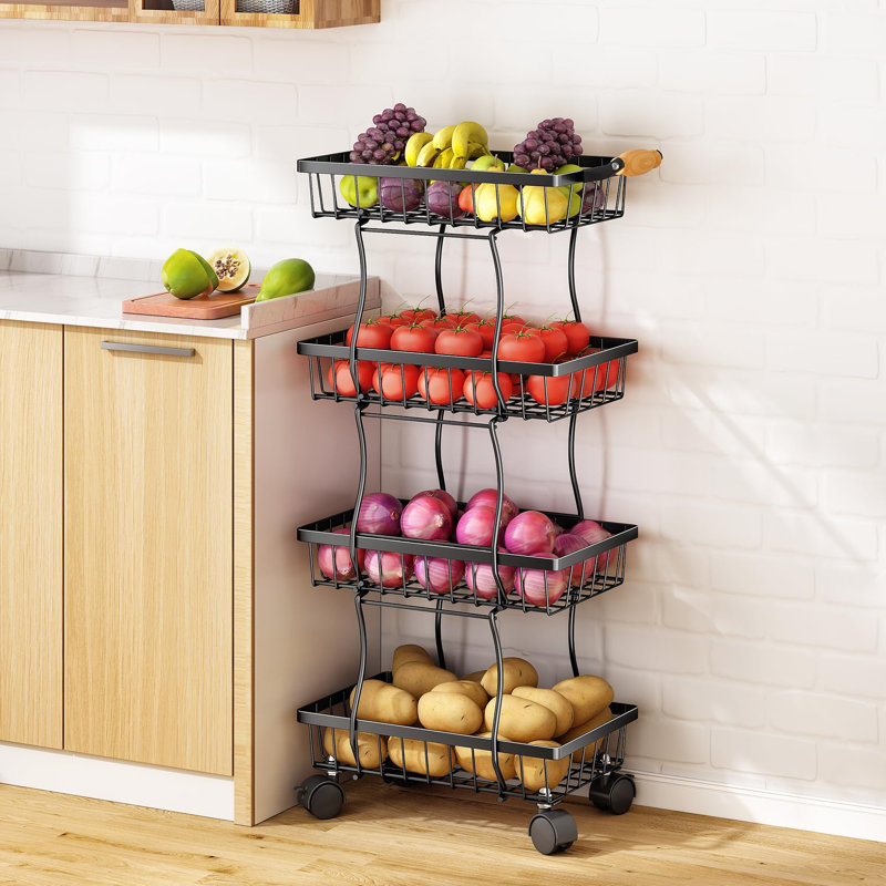 4 Tier Fruit Basket For Kitchen, Stackable Fruit And Vegetable Wire Basket With Wheels For Banana Onions And Potatoes Storage And Organization, Black