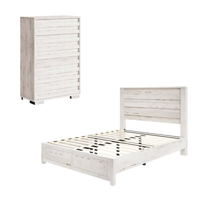 Farmhouse 2 Piece Bedroom Set, Platform Bed And 5 Drawer Dresser