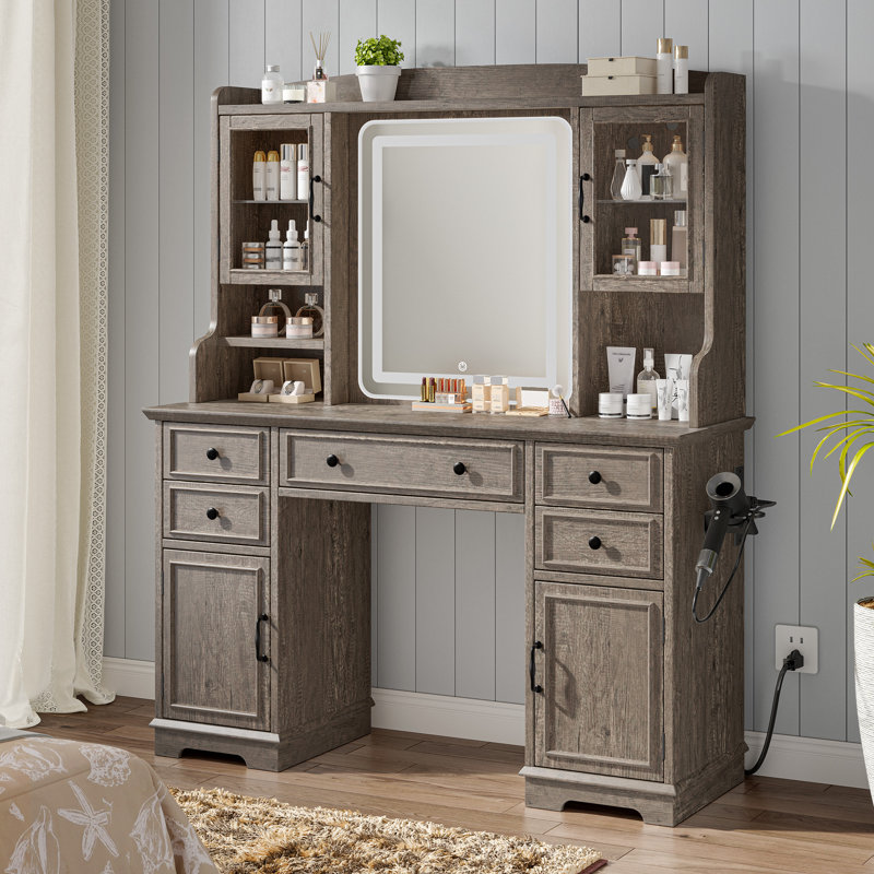 Large Vanity Desk With Mirror And Lights Girls Vanity With Power Outlet Makeup Vanity Table With Hair Dryer Rack, Dark Oak