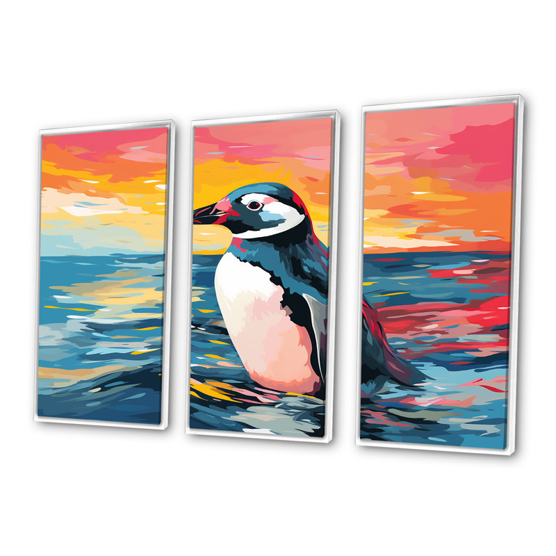 Pop Art Penguin Parade Charm II - art mural pingouin, H 28 po x l 36 po, Cadre flottant blanc