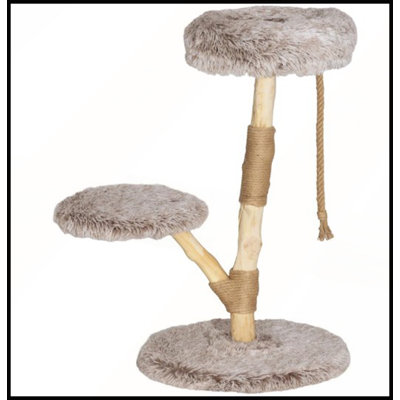 Arbre à chat en bois naturel avec poteaux à griffer recouverts de jute et lit moelleux pour un confort et un jeu félins intérieurs