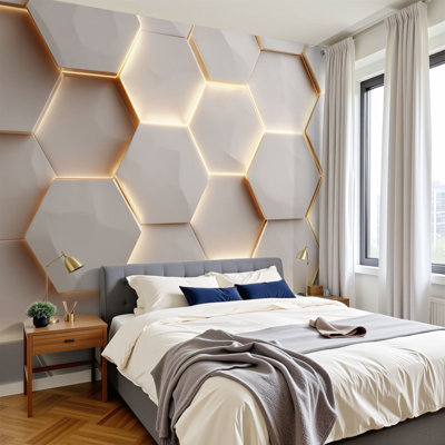 Futuristic 3D Peel and Stick Wallpaper Luxurious 3D Matte Cream White Honeycomb Wall Golden Edges Wall Murals 69"H x 96"W Removable PVC Wall Paper Self-Adhesive Wall Decor for Bedroom Living Room Home Office