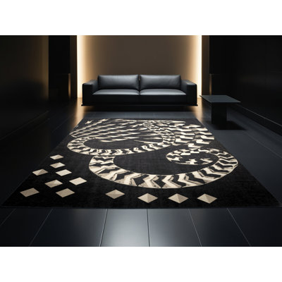 Tapis géométrique noir lavable à la machine Elida Quetzalcoatl
