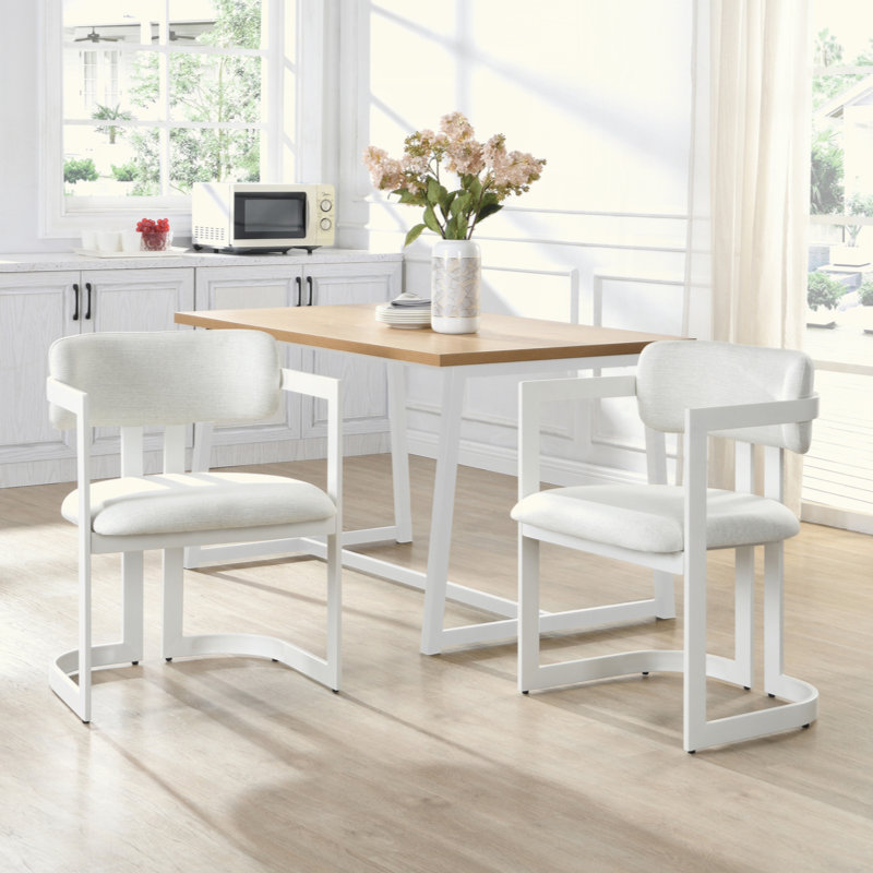 Ensemble de 2 chaises rembourrées en tissu avec structure en métal beige, capacité de poids de 265 lb, Blanc