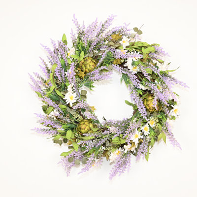 24" Artificial Farmhouse Spring Summer Blossom Cluster Green Leaves Artichoke Fruit Lavender Berry Daisy Floral Wreath For Front Door