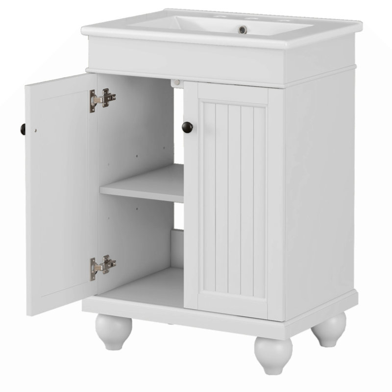 Lavabo de salle de bain élégant en céramique avec cadre en bois massif, tablette réglable, Blanc