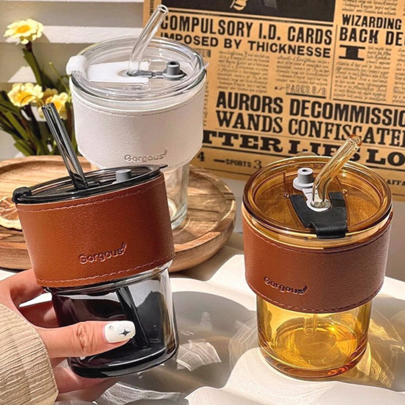 Verre en bambou avec couvercle et paille, pour café et thé au lait