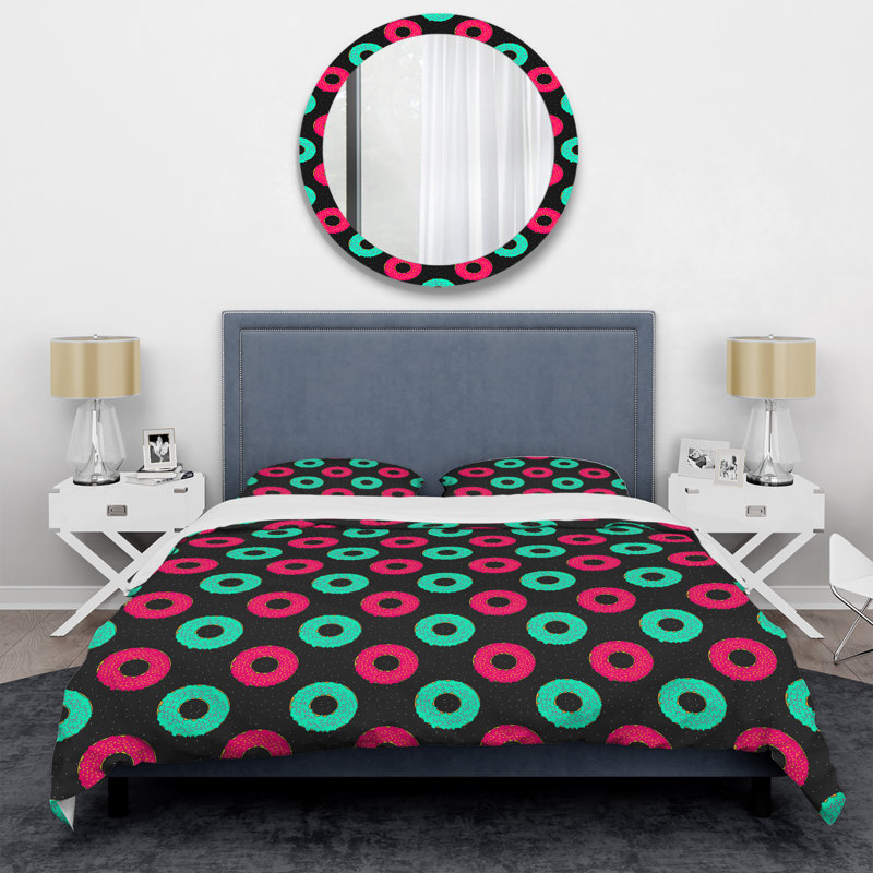 Motif de cercles roses et verts - Ensemble de housse de couette abstrait - Microfibre de polyester