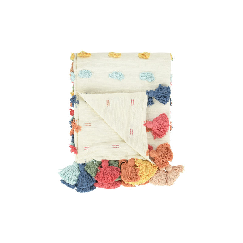 Soft Woven Cotton Throw with Tufted Dots and Tassels