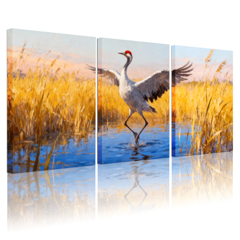 Birds Crane In Golden Marsh At Sunset, ensemble de 3 impressions d'art sur toile, H 24 po x l 48 po