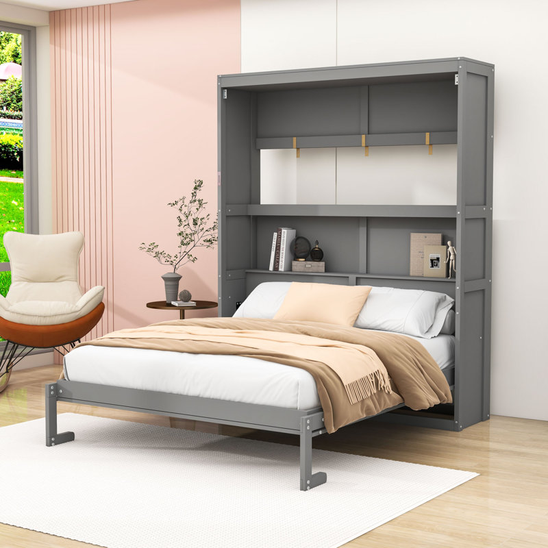 Murphy Bed Cabinet with Built-In Shelves, Queen, Gray