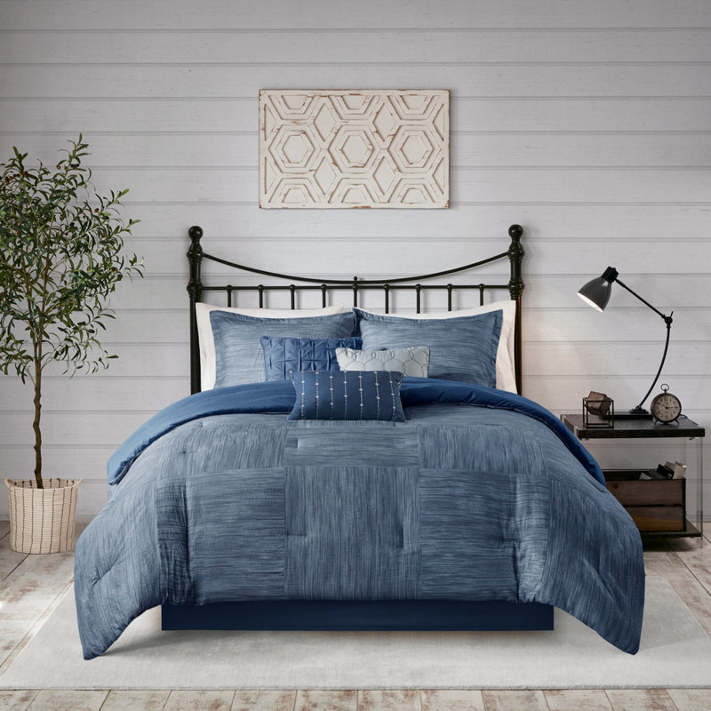 Ensemble d'édredon imprimé 7 pièces en seersucker bleu marine