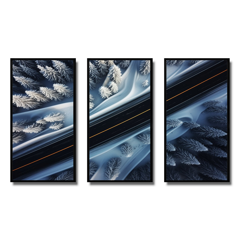 Endless Road Into Winter Forest IV - Art mural sur route, H 28 po x l 36 po, Cadre flottant noir