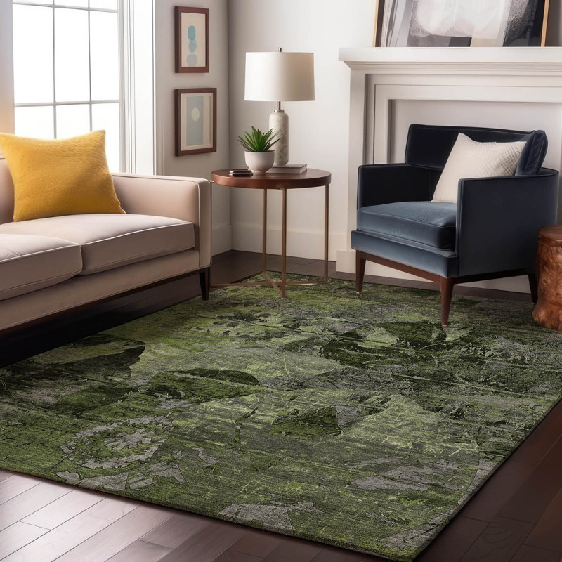 Premium Machine Washable Cerrito AMF555 Green Rug, Rectangle 10' x 14'
