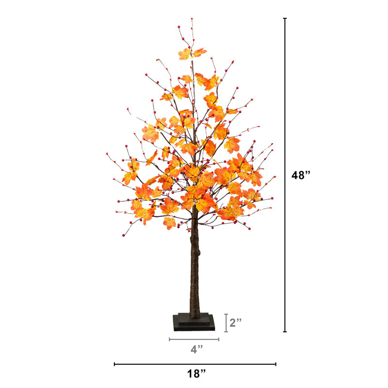 Pre-Lit Autumn Maple Artificial Fall Tree With Berries And 96 Warm White LED Lights, 48" H x 18" W x 16" D