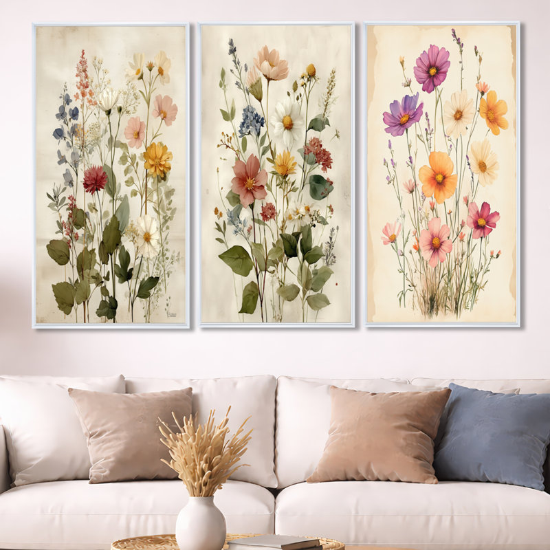 Ensemble de 3 fleurs murales vintage sur fond de ferme rétro "Wildflowers", H 40 po x l 60 po, Cadre flottant blanc