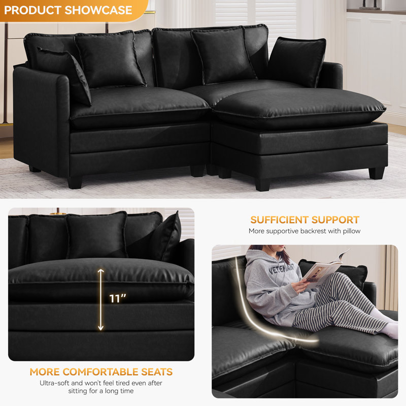 Canapé modulaire rembourré en similicuir avec repose-pieds, 2 places + 1 repose-pieds, Noir
