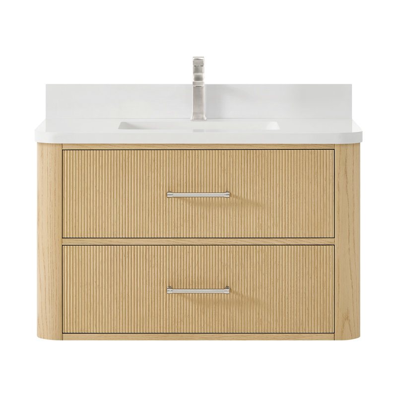 Meuble-lavabo mural simple en chêne scandinave de 36 po Francesca, Beige, Nickel brossé, Quartz blanc