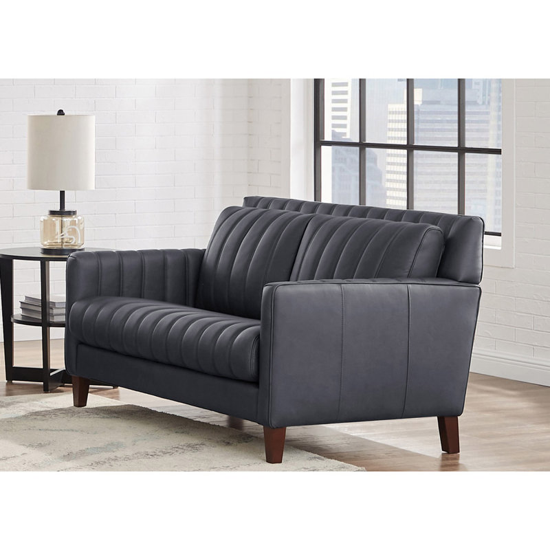 Darlena Top Grain Leather Loveseat, Leather Loveseat, Modern Sofa, Accent Sofa, Ennis Gun Powder Grain Leather