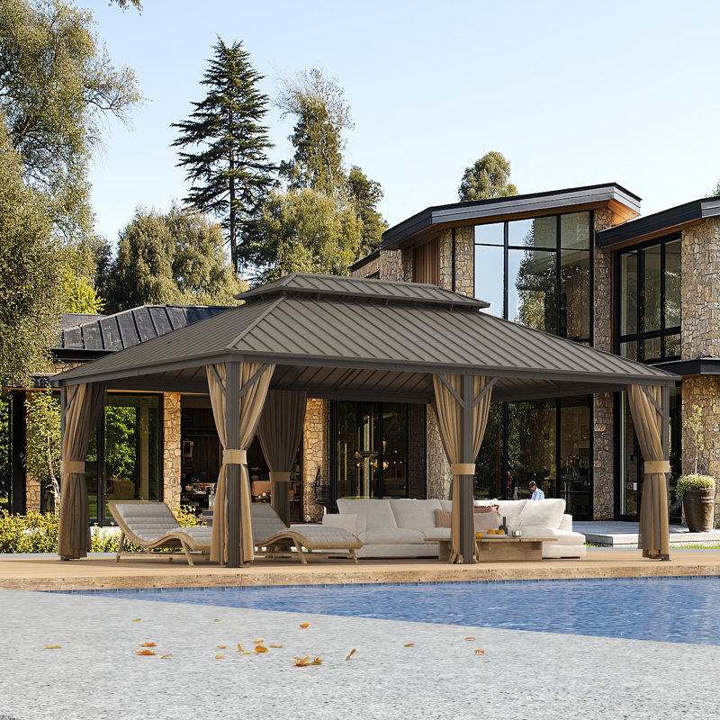 14 x 20ft Aluminum Hardtop Gazebo with Galvanized Steel Roof, Curtains & Mosquito Netting for Patio, Garden & Backyard