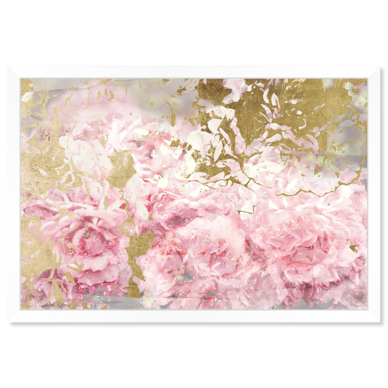 Floral et fleurs de camélias roses et dorées - impression, H 38 po x l 56 po, Papier encadré blanc