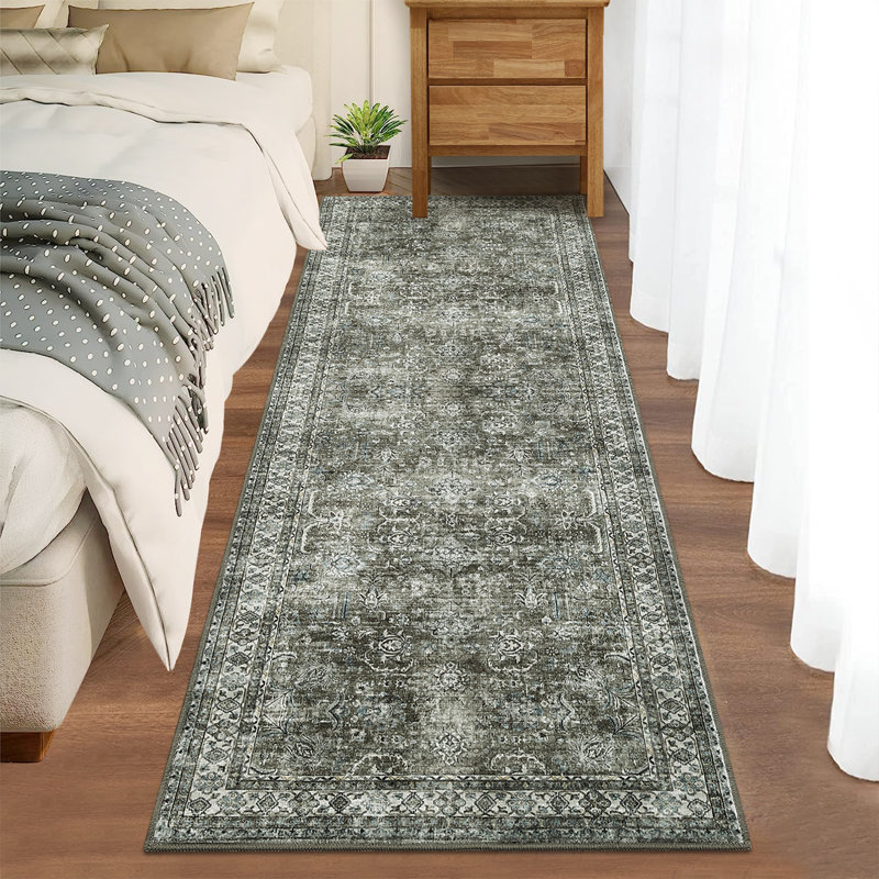 Tapis lavable rétro Boho pour la maison et le bureau, Runner 2' x 6', Green
