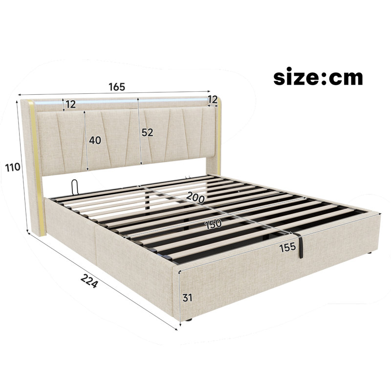 Beige Linen Upholstered Bed Frame With Hydraulic Storage, LED Headboard With Charging Station And Chrome Trim, USB And Type - C Ports (No Mattress)