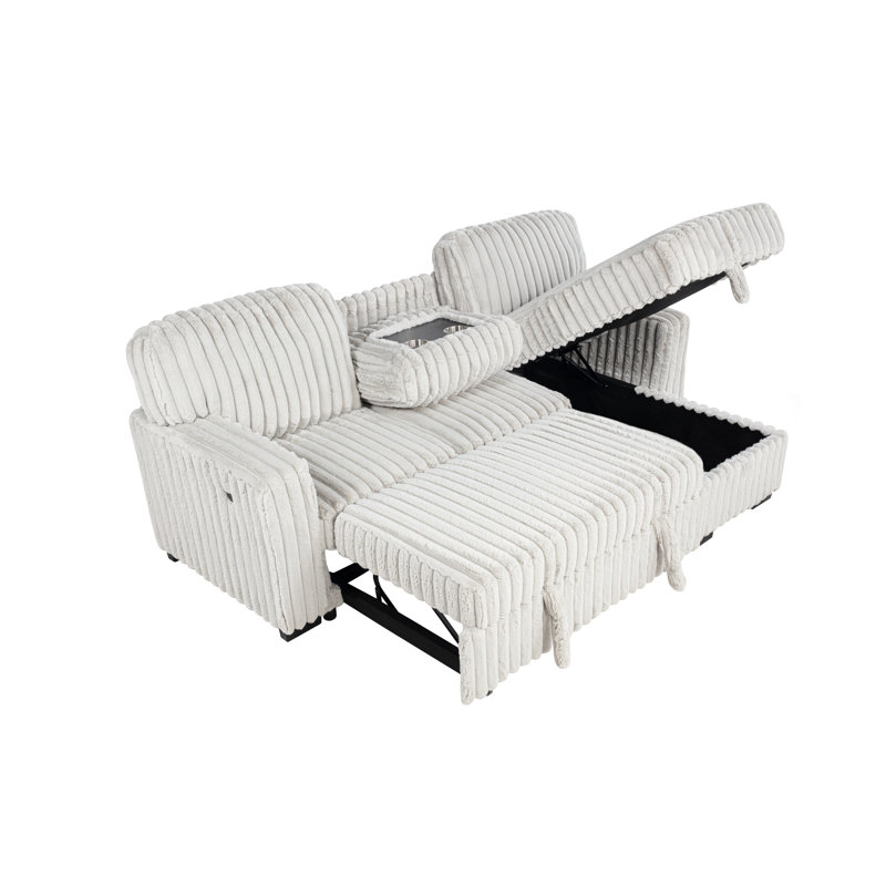 2 Piece Corduroy Sectional With Pull Out Sleeper Sofa Bed And Reversible Storage Chaise, Beige Corduroy