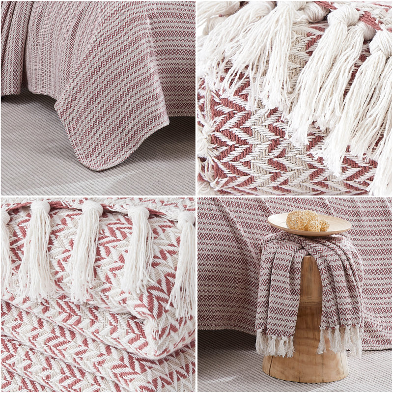 Couverture tissée à chevrons 100% coton Southdad Agadir avec frange décorative à pampilles, Très grand lit, Rose