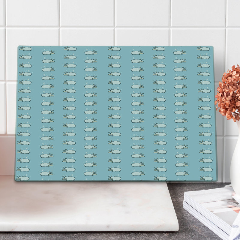 Ambesonne Cartoon Cutting Board Large Size Counting Sheep Pattern Art Pale Blue White