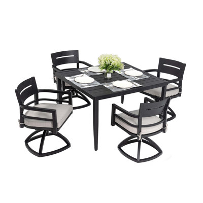 5-Piece Outdoor Patio Aluminum Furniture, Modern Dining Set, including 4 Swivel Rockers  Sunbrella Fabric Cushioned and 40" Square Dining Table with Umbrella Hole, Ember Black