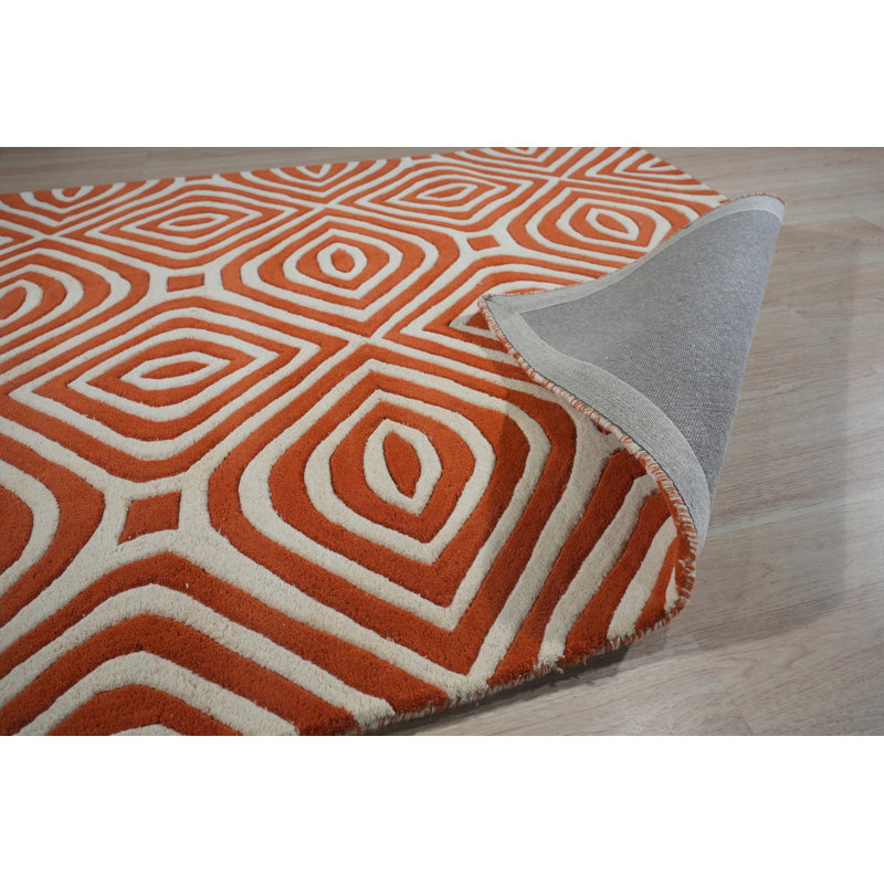 Ivory and Orange Geometric Hand-Tufted Wool Rug