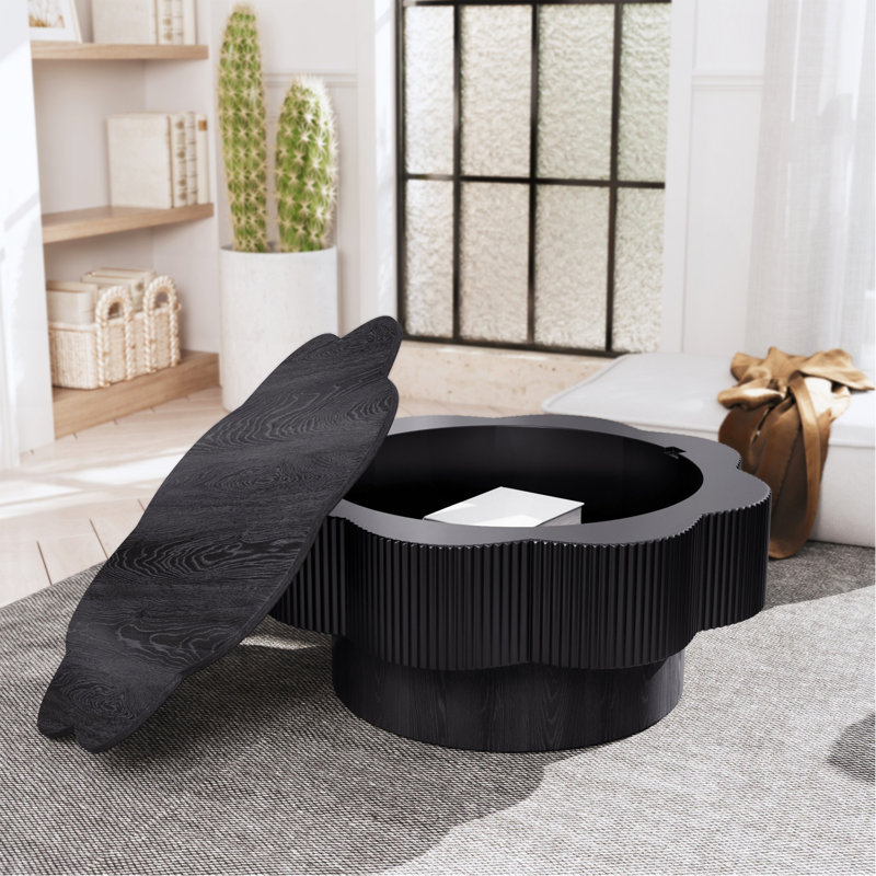 Table basse 31,50 "en forme de fleur moderne, table basse en forme de fleur de prunier avec rangement - placage en bois naturel, pour salon, appartement, bureau, assemblage facile, noir