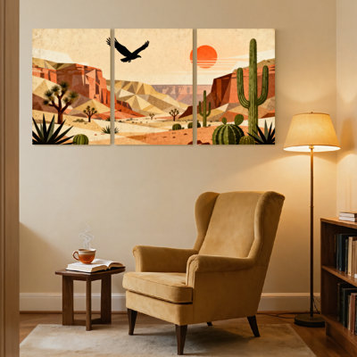 Paysage et nature, paysage désertique avec cactus et aigle, ensemble de 3 impressions sur toile